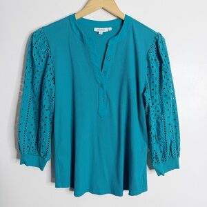 Chico's Ribbed‎ Eyelet Puff Sleeve Henley Pagoda Blue Knit Top Large Chico’s 2